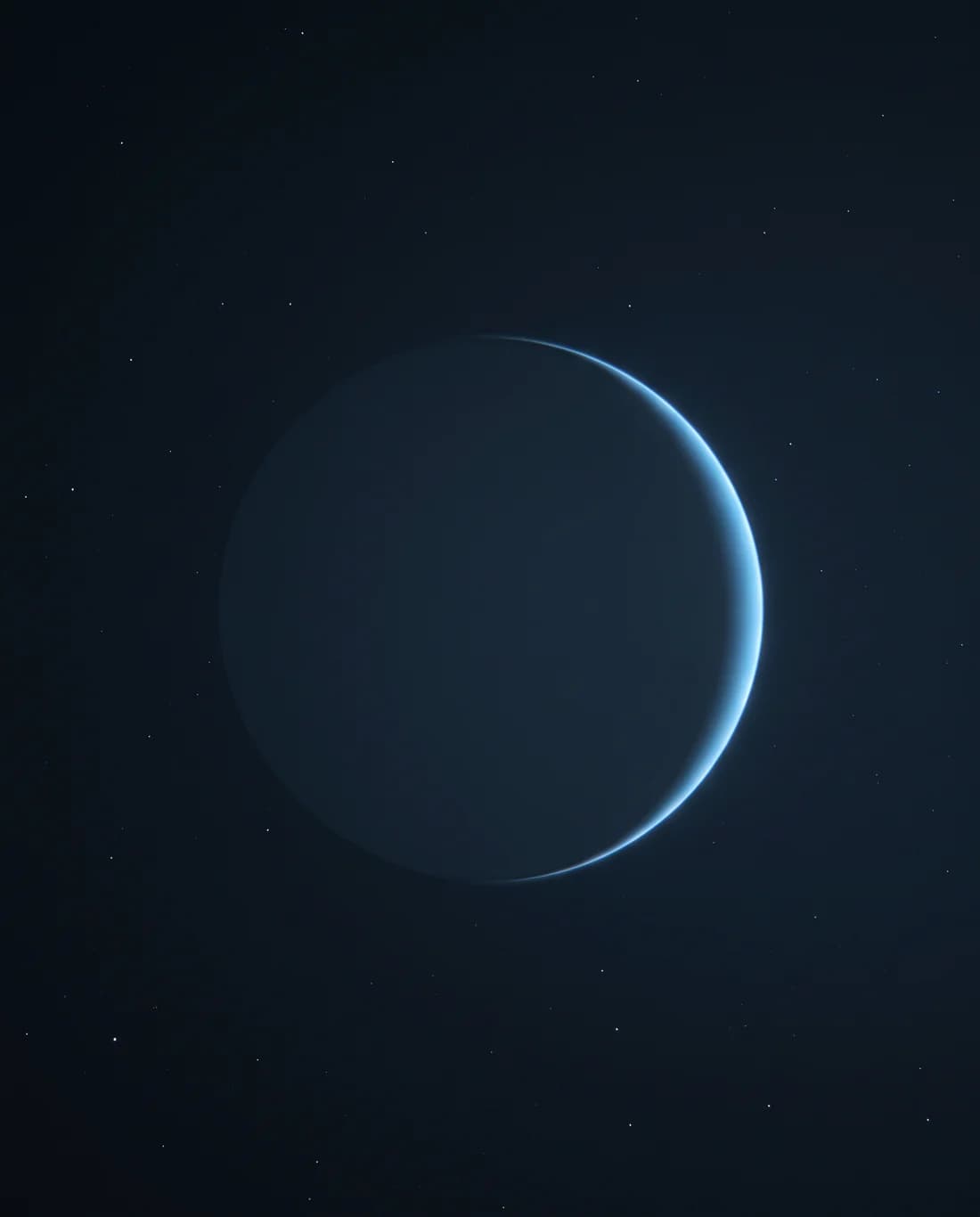A planet in deep space down to a thin crescent, nearly all of its light gone into shadow, a fine blue rim along one edge